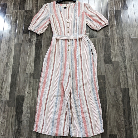Universal Thread V-Neck Pastel One Piece Linen Blend Stripes Jumpsuit. S - Picture 6 of 8